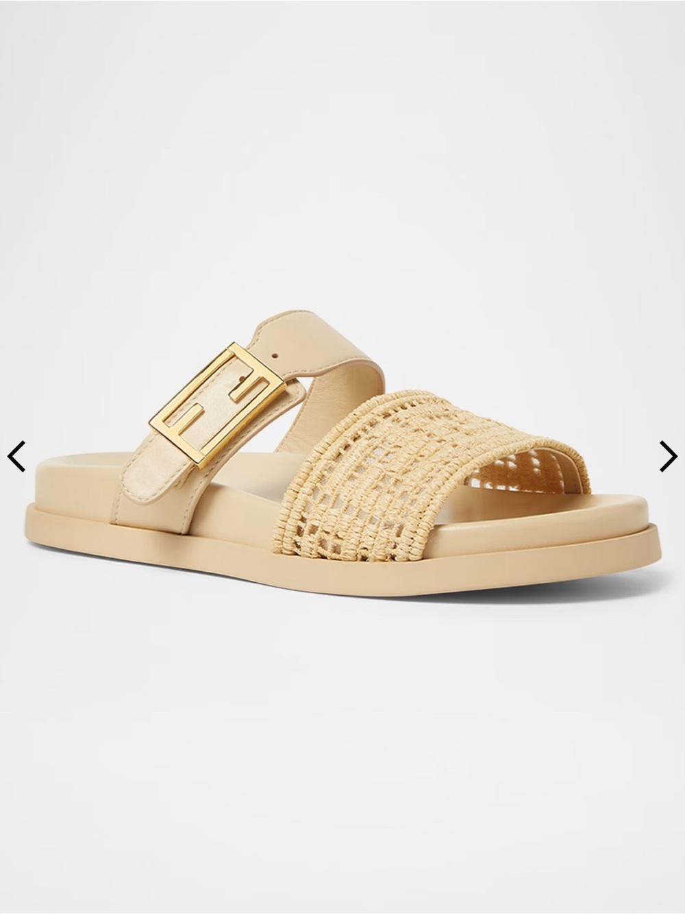 Fendi Raffia Leather Dual Strap FF Logo Mule Flat Slide Sandal